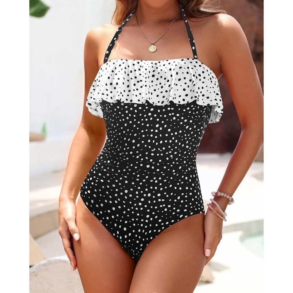 Holipick Tummy Control 1-pc Ruffle Black/White Polka Dot Swimsuit - XL